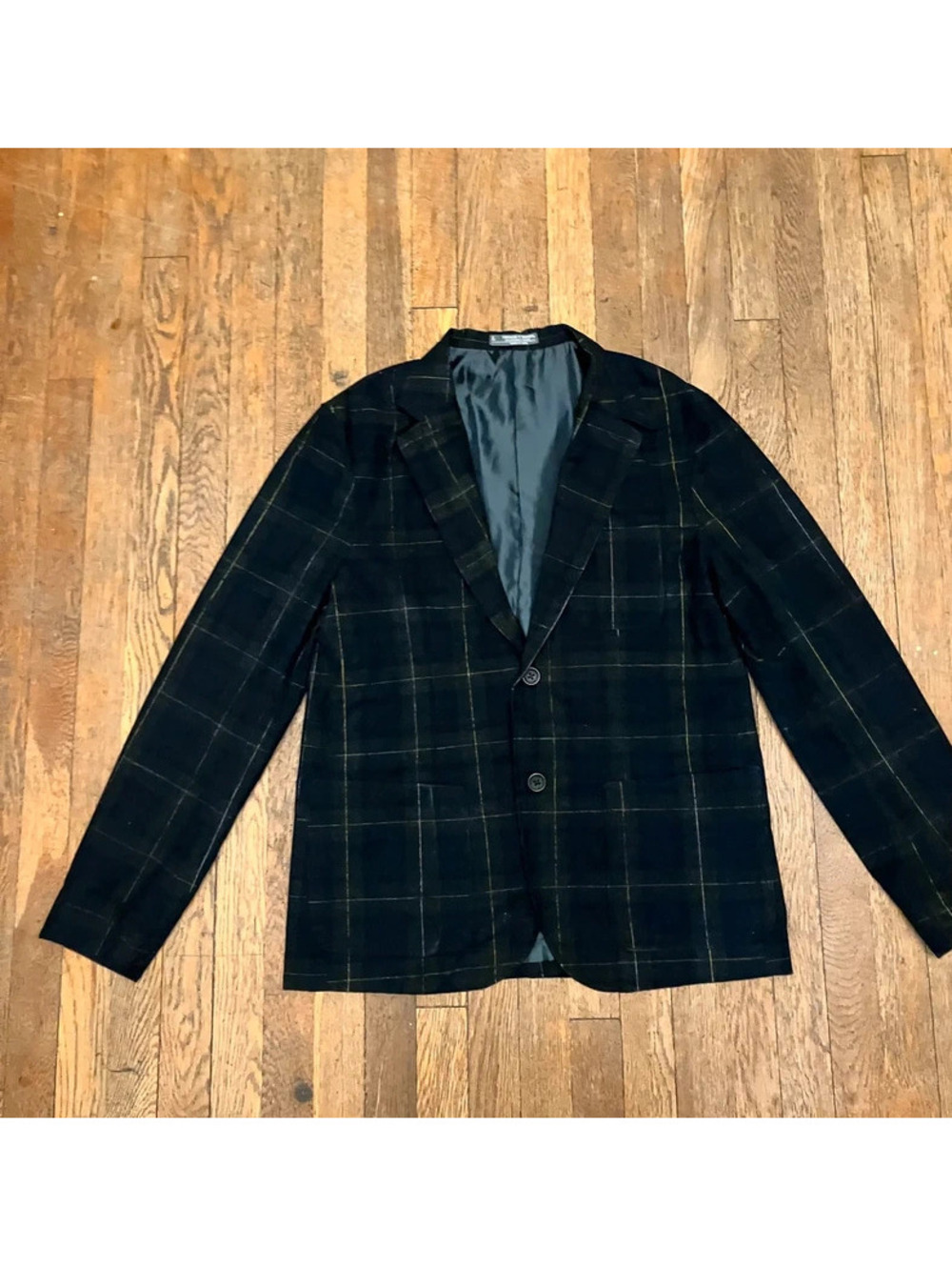 Threads 4 Thought Mens L Corduroy Blazer Black Olive Windowpane Plaid Organic